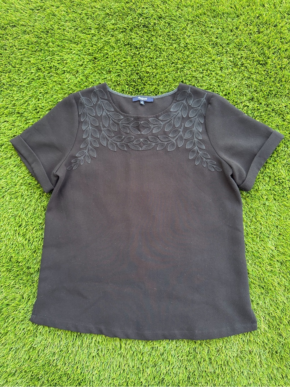 Madewell Black Short-Sleeve Top with Leaf Embroidery
